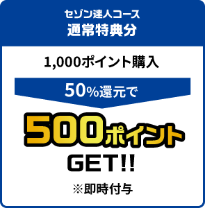 セゾン達人コース通常特典分 1,000ポイント購入 50％還元で500ポイントGET!!(※即時付与)