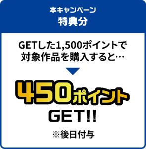 本キャンペーン特典分 GETした1,500ポイントで対象作品を購入すると…450ポイントGET!!(※後日付与)