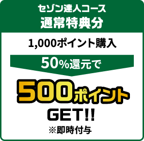セゾン達人コース通常特典分 1,000ポイント購入 50％還元で500ポイントGET!!(※即時付与)