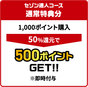 セゾン達人コース通常特典分 1,000ポイント購入 50％還元で500ポイントGET!!(※即時付与)