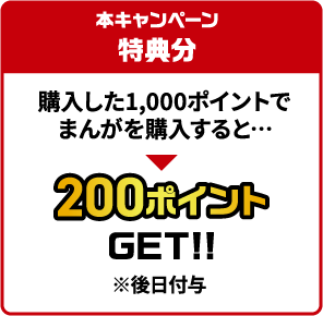 本キャンペーン特典分 購入した1,000ポイントでまんがを購入すると…200ポイントGET!!(※後日付与)